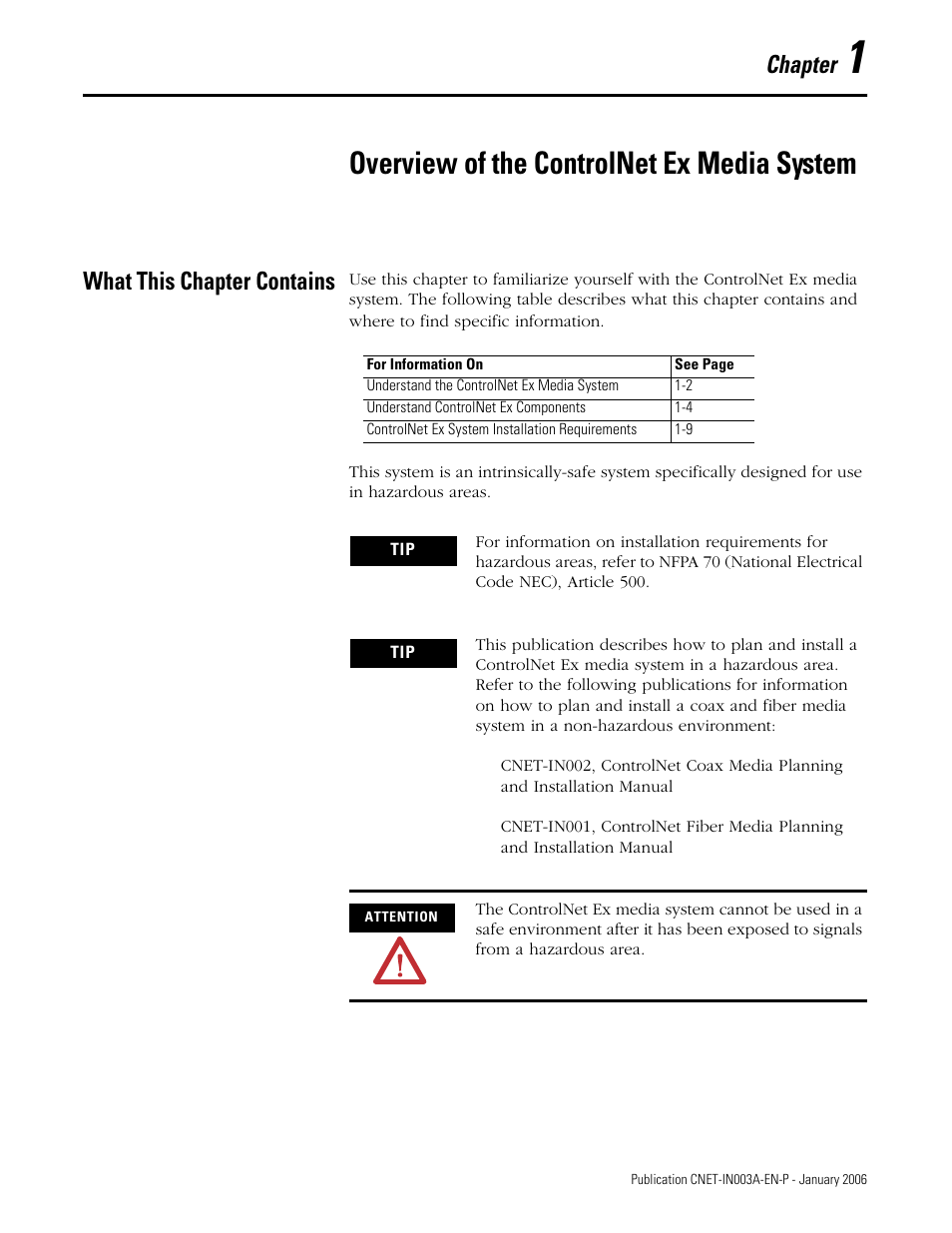 1 - overview of the controlnet ex media system, What this chapter contains, Chapter 1 | Overview of the controlnet ex media system, What this chapter contains -1, Chapter | Rockwell Automation 1797-Series ControlNet Ex Media Plannng Installation Manual User Manual | Page 9 / 88