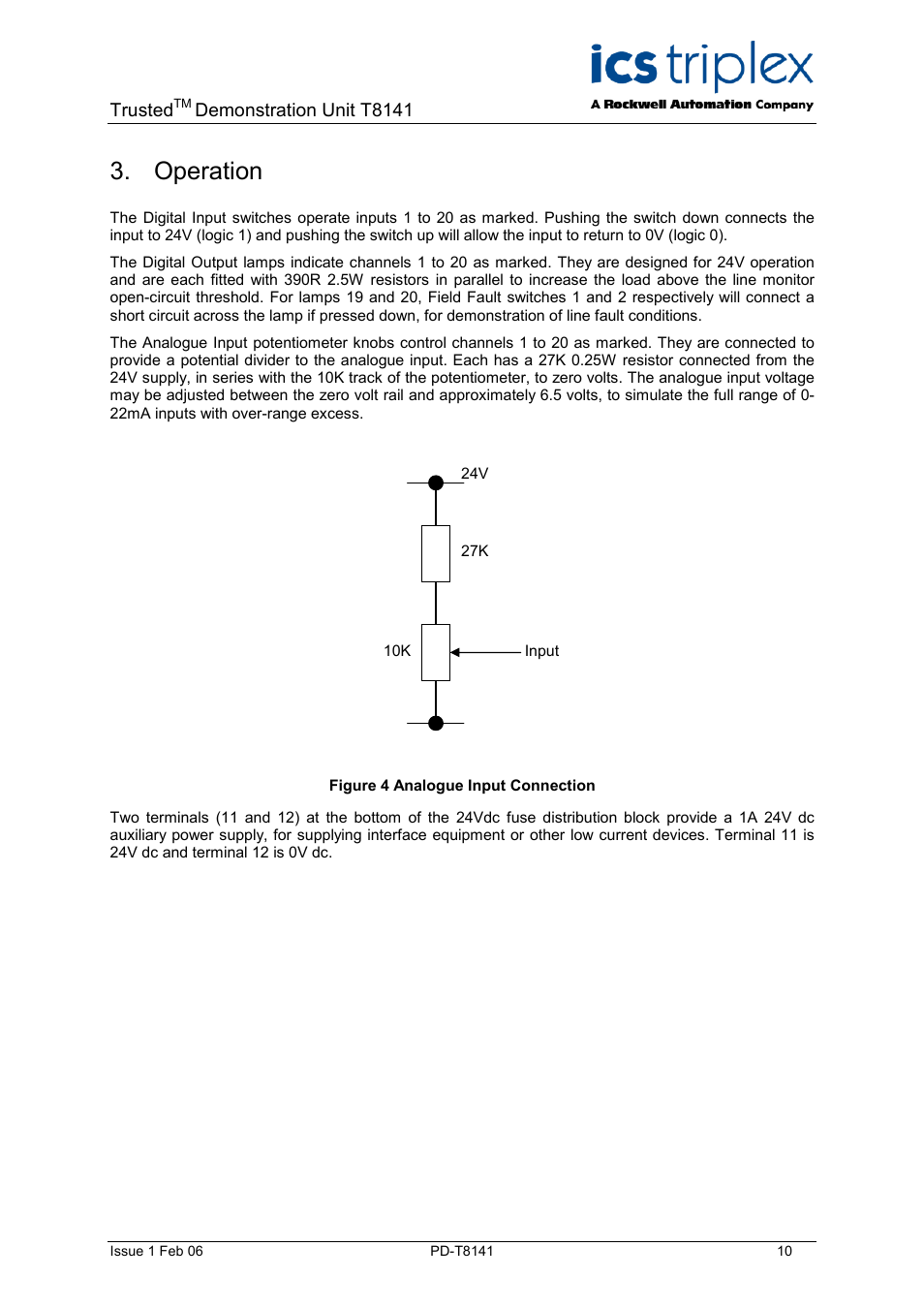 Operation, Figure 4 analogue input connection | Rockwell Automation T8141 Trusted Demonstration Unit User Manual | Page 10 / 16