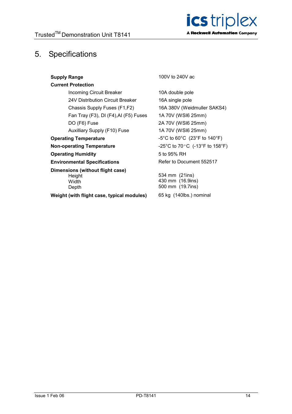 Specifications, Trusted, Demonstration unit t8141 | Rockwell Automation T8141 Trusted Demonstration Unit User Manual | Page 14 / 16