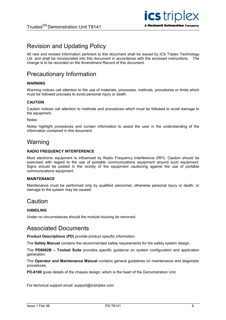 Revision and updating policy, Precautionary information, Warning | Caution, Associated documents | Rockwell Automation T8141 Trusted Demonstration Unit User Manual | Page 6 / 16