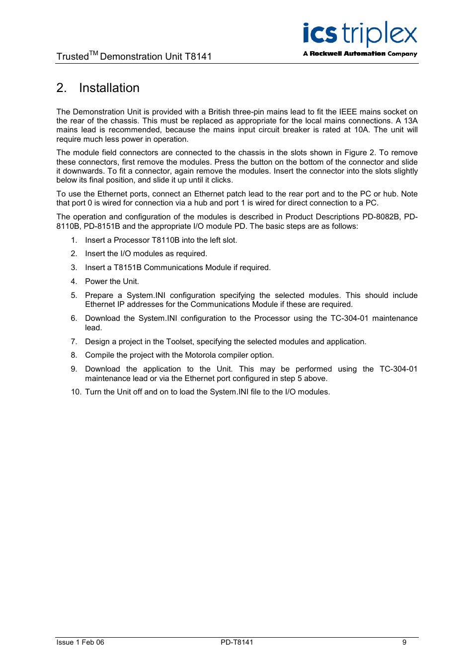 Installation, Trusted, Demonstration unit t8141 | Rockwell Automation T8141 Trusted Demonstration Unit User Manual | Page 9 / 16