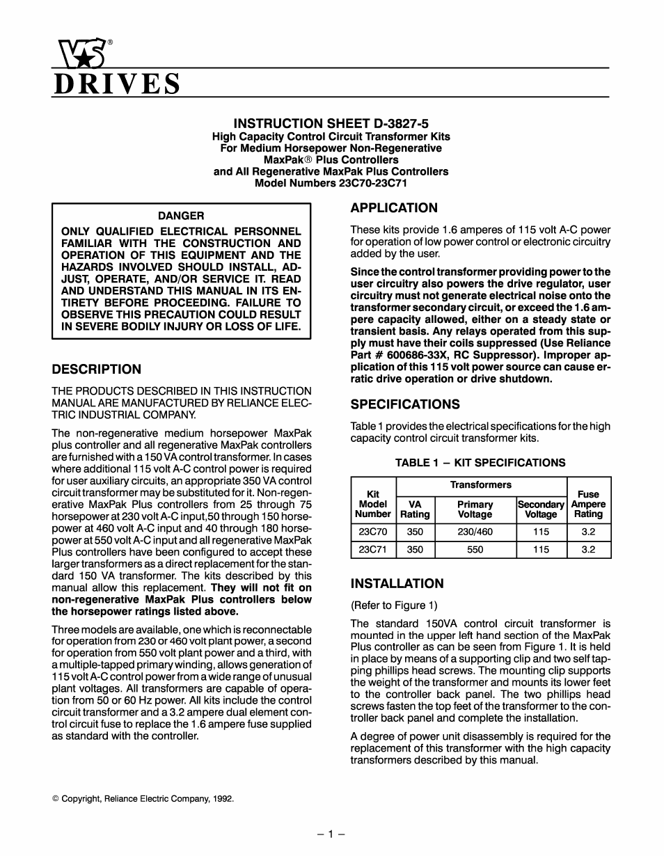 Rockwell Automation MaxPak Plus High Capacity Control Transformer Kit 23C70-71 User Manual | 4 pages