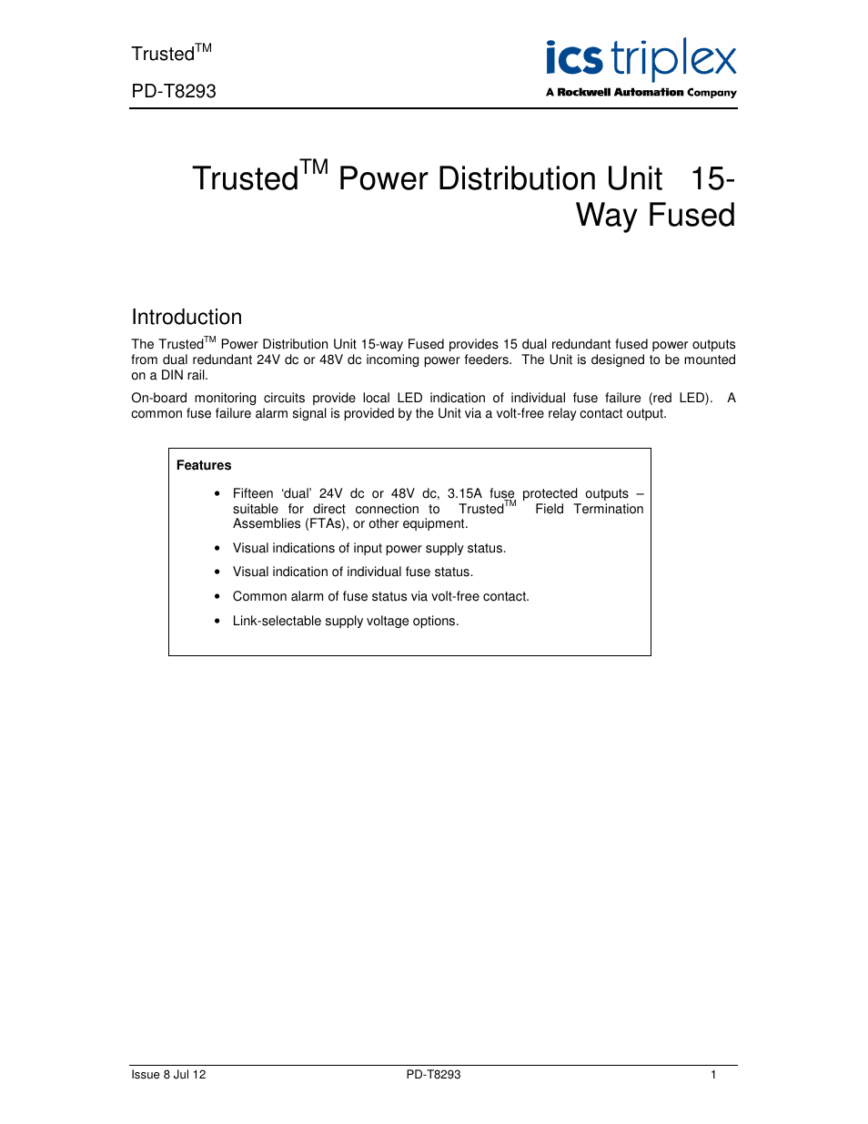 Rockwell Automation T8293 Trusted Power Distribution Unit 15-Way Fused User Manual | 12 pages