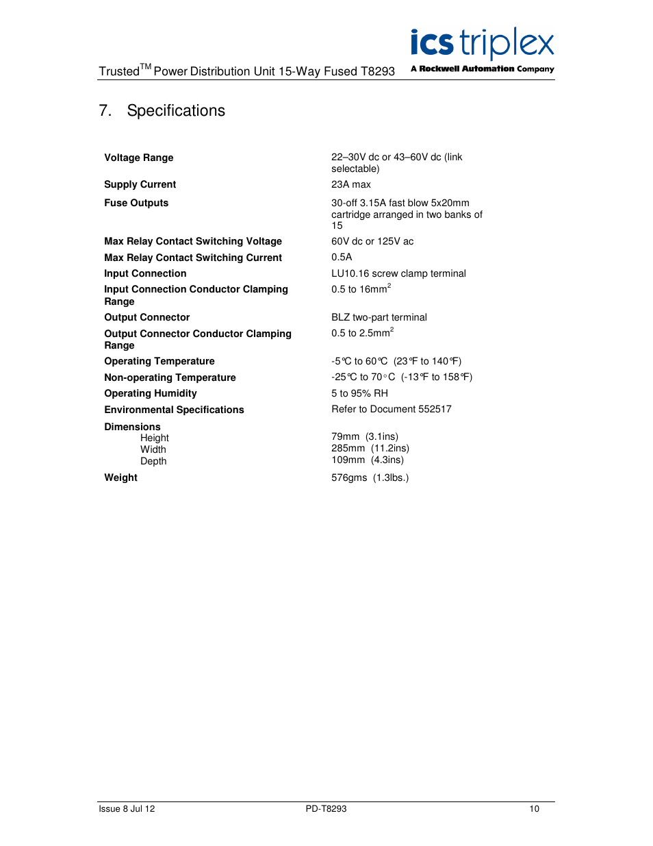 Specifications | Rockwell Automation T8293 Trusted Power Distribution Unit 15-Way Fused User Manual | Page 10 / 12