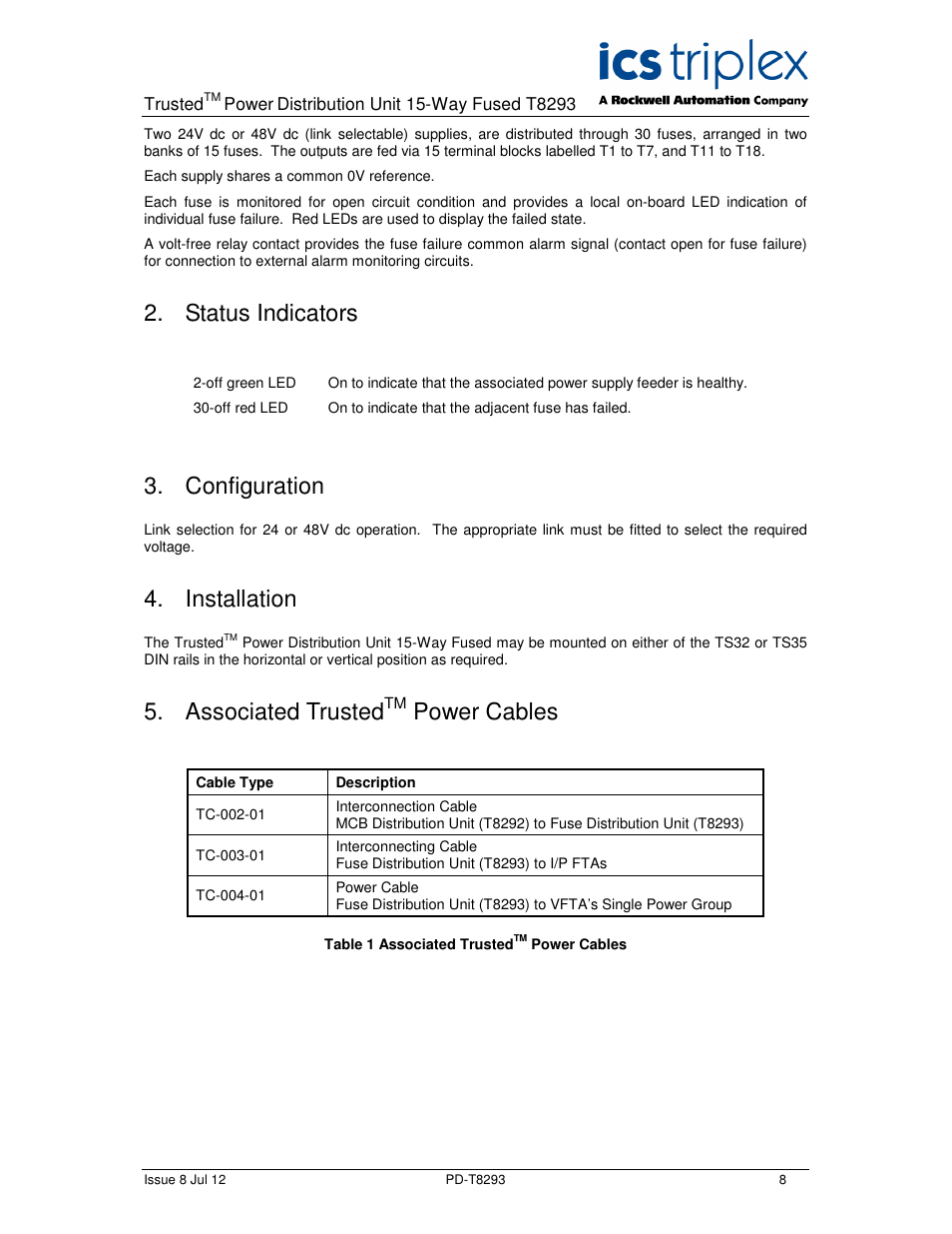 Status indicators, Configuration, Installation | Associated trusted, Power cables | Rockwell Automation T8293 Trusted Power Distribution Unit 15-Way Fused User Manual | Page 8 / 12