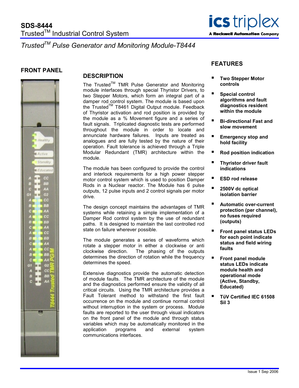Rockwell Automation T8444 Trusted Pulse Generator and Monitoring Module User Manual | 2 pages