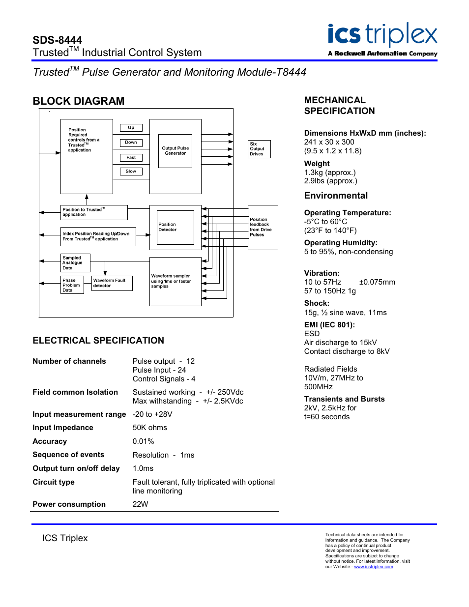 Block diagram, Electrical specification, Sds-8444 trusted | Industrial control system trusted, Pulse generator and monitoring module-t8444 | Rockwell Automation T8444 Trusted Pulse Generator and Monitoring Module User Manual | Page 2 / 2