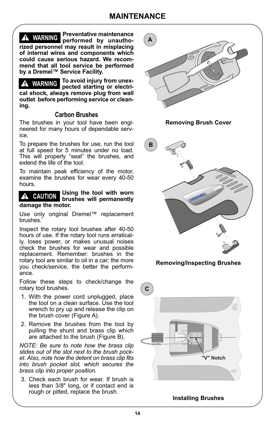 Maintenance, Carbon brushes, Warning | Caution | Bosch 400 Series XPR User Manual | Page 14 / 72