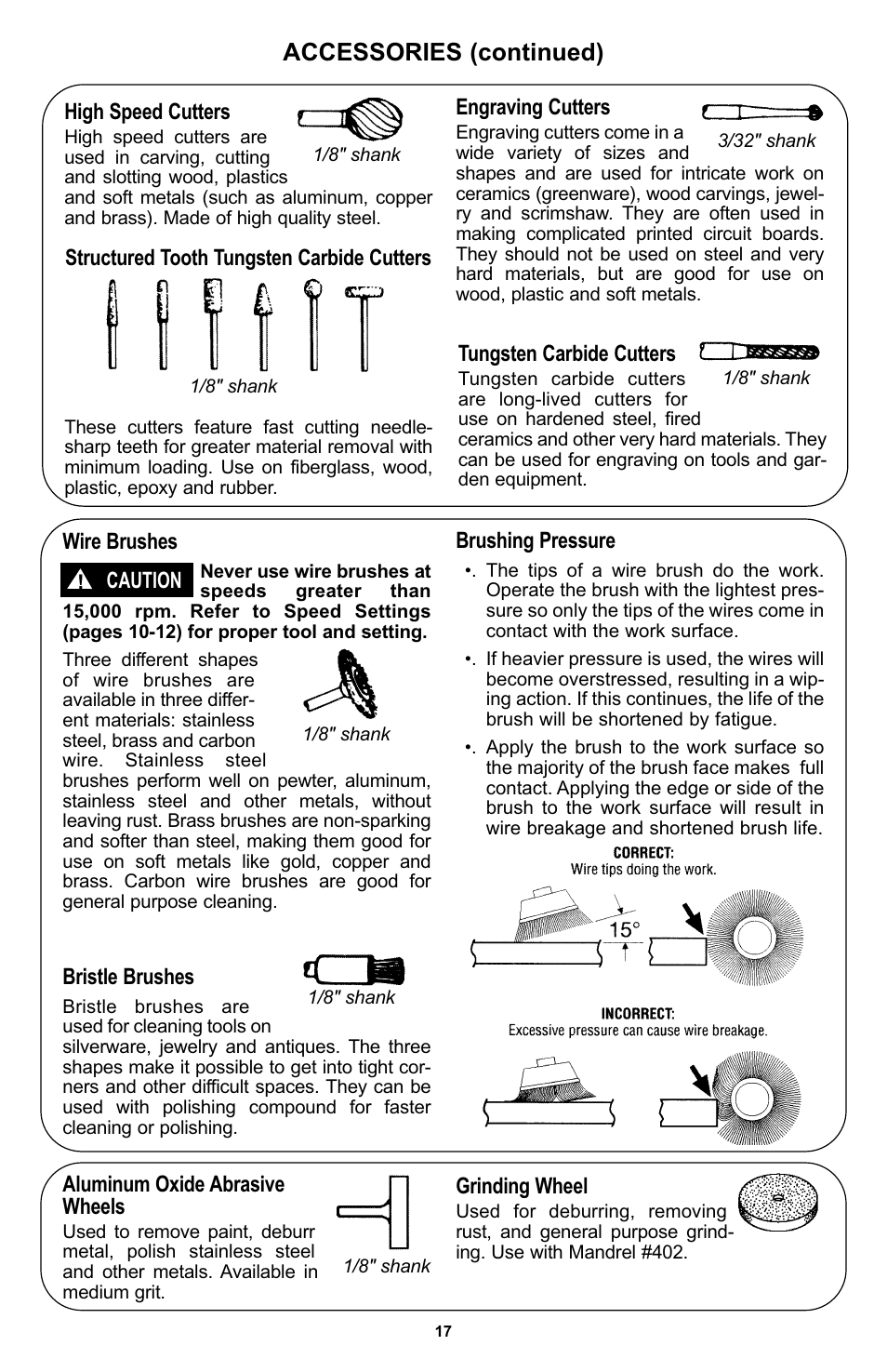 Accessories (continued), Wire brushes, Tungsten carbide cutters | High speed cutters, Engraving cutters, Structured tooth tungsten carbide cutters, Bristle brushes, Caution, Brushing pressure, Aluminum oxide abrasive wheels | Bosch 400 Series XPR User Manual | Page 17 / 72