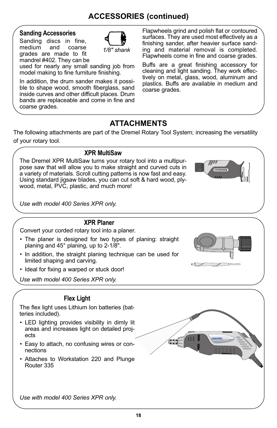 Accessories (continued) attachments, Sanding accessories, Xpr multisaw | Xpr planer, Flex light | Bosch 400 Series XPR User Manual | Page 18 / 72