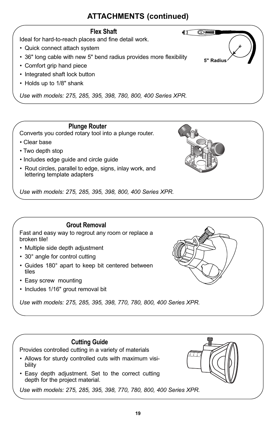 Attachments (continued), Flex shaft, Plunge router | Grout removal, Cutting guide | Bosch 400 Series XPR User Manual | Page 19 / 72