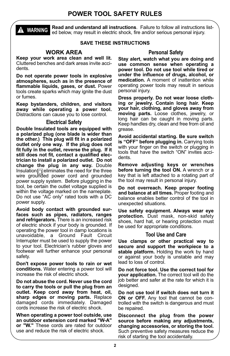 Power tool safety rules, Work area, Electrical safety | Personal safety, Tool use and care, Warning | Bosch 400 Series XPR User Manual | Page 2 / 72