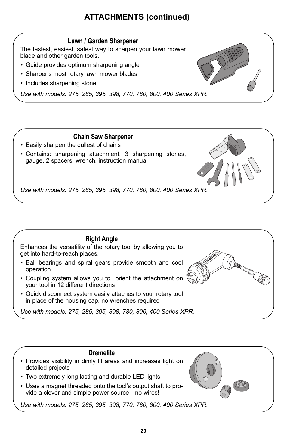 Attachments (continued), Dremelite, Lawn / garden sharpener | Chain saw sharpener, Right angle | Bosch 400 Series XPR User Manual | Page 20 / 72