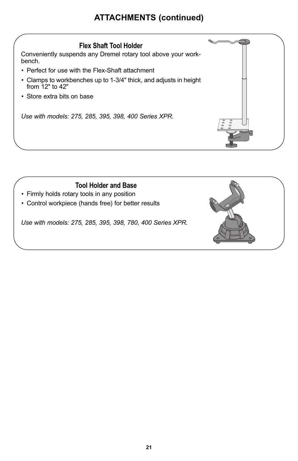 Attachments (continued), Tool holder and base, Flex shaft tool holder | Bosch 400 Series XPR User Manual | Page 21 / 72