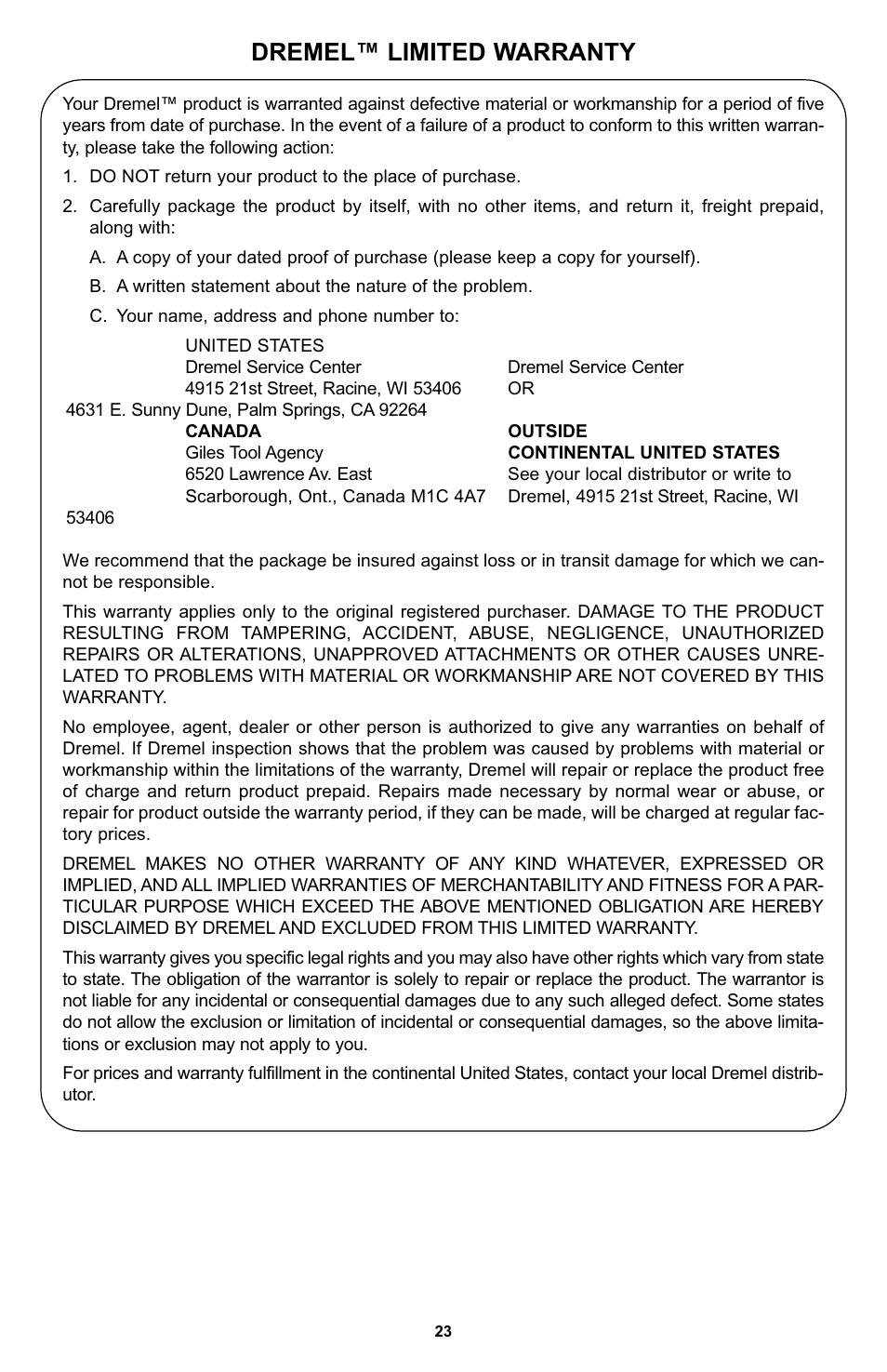 Dremel™ limited warranty | Bosch 400 Series XPR User Manual | Page 23 / 72