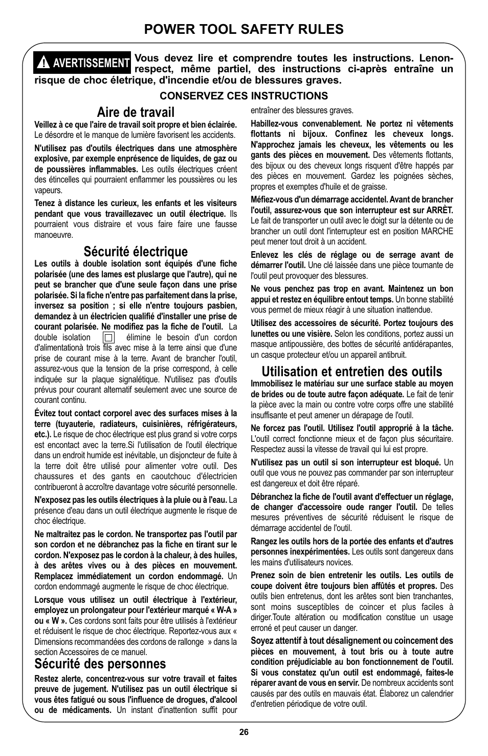 Aire de travail, Sécurité électrique, Sécurité des personnes | Utilisation et entretien des outils, Power tool safety rules, Avertissement | Bosch 400 Series XPR User Manual | Page 26 / 72