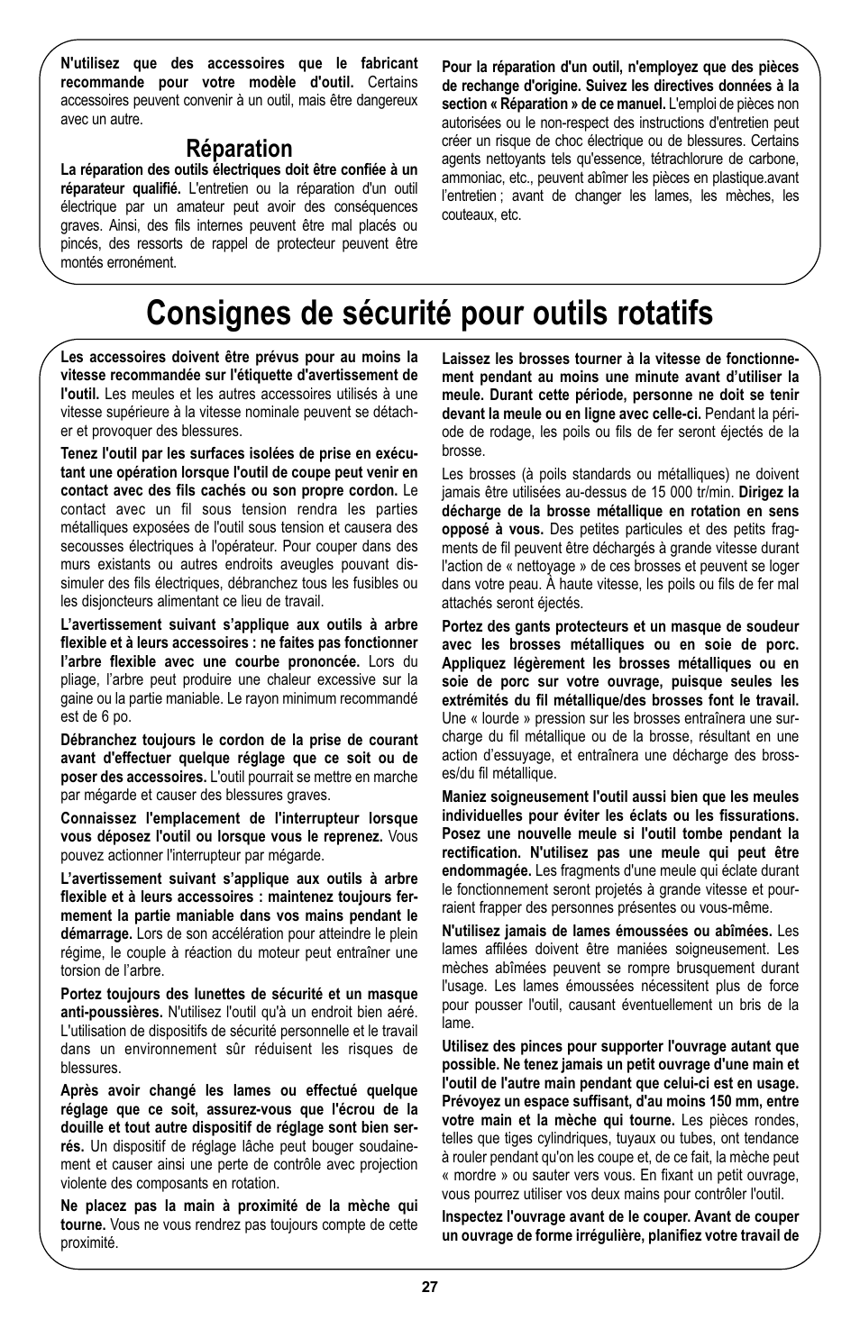 Consignes de sécurité pour outils rotatifs, Réparation | Bosch 400 Series XPR User Manual | Page 27 / 72