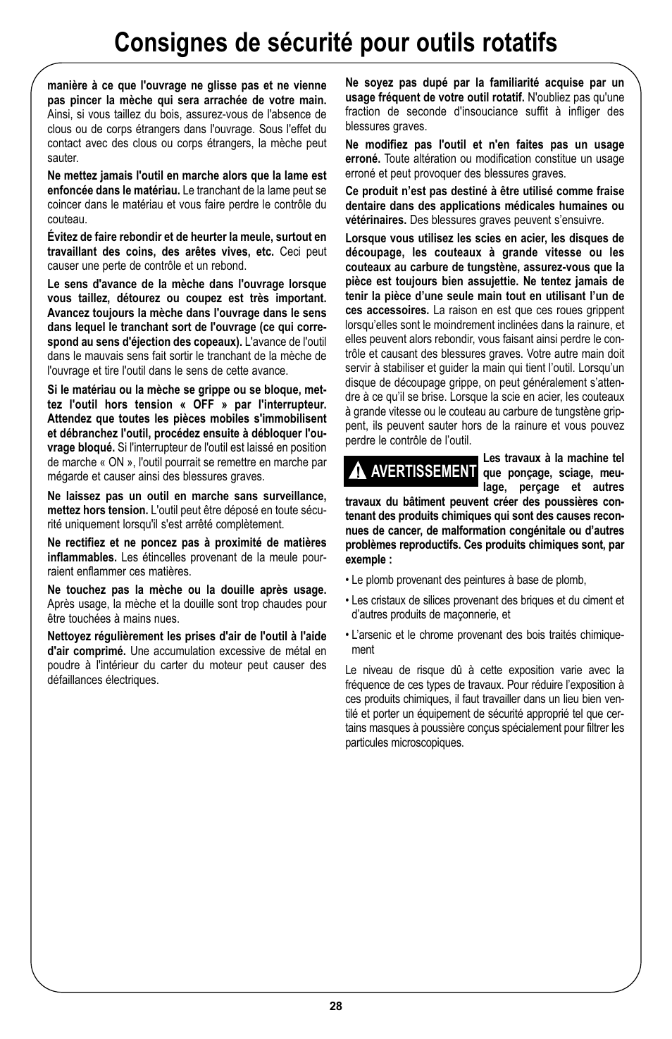 Consignes de sécurité pour outils rotatifs, Avertissement | Bosch 400 Series XPR User Manual | Page 28 / 72