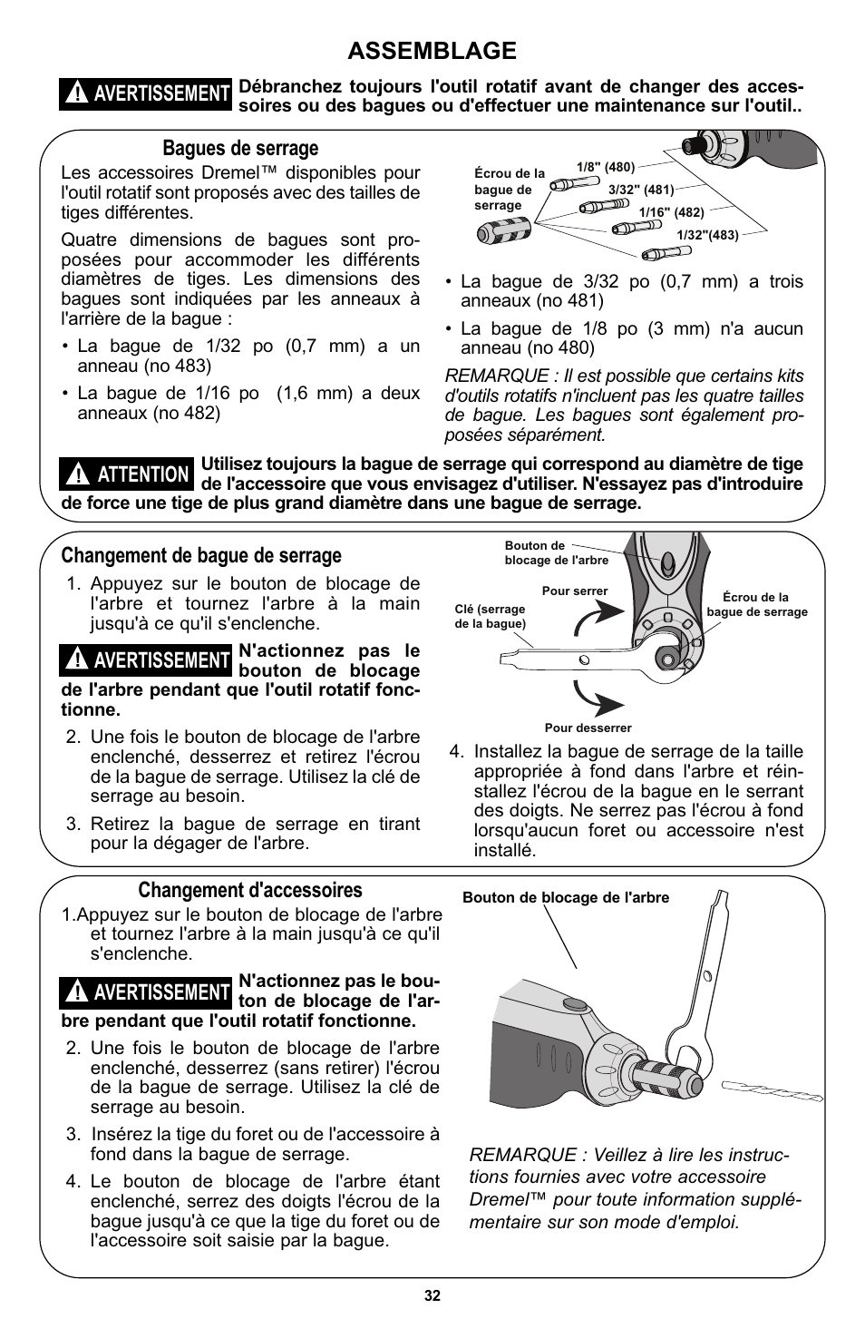 Assemblage, Bagues de serrage, Changement de bague de serrage | Attention, Changement d'accessoires, Avertissement | Bosch 400 Series XPR User Manual | Page 32 / 72