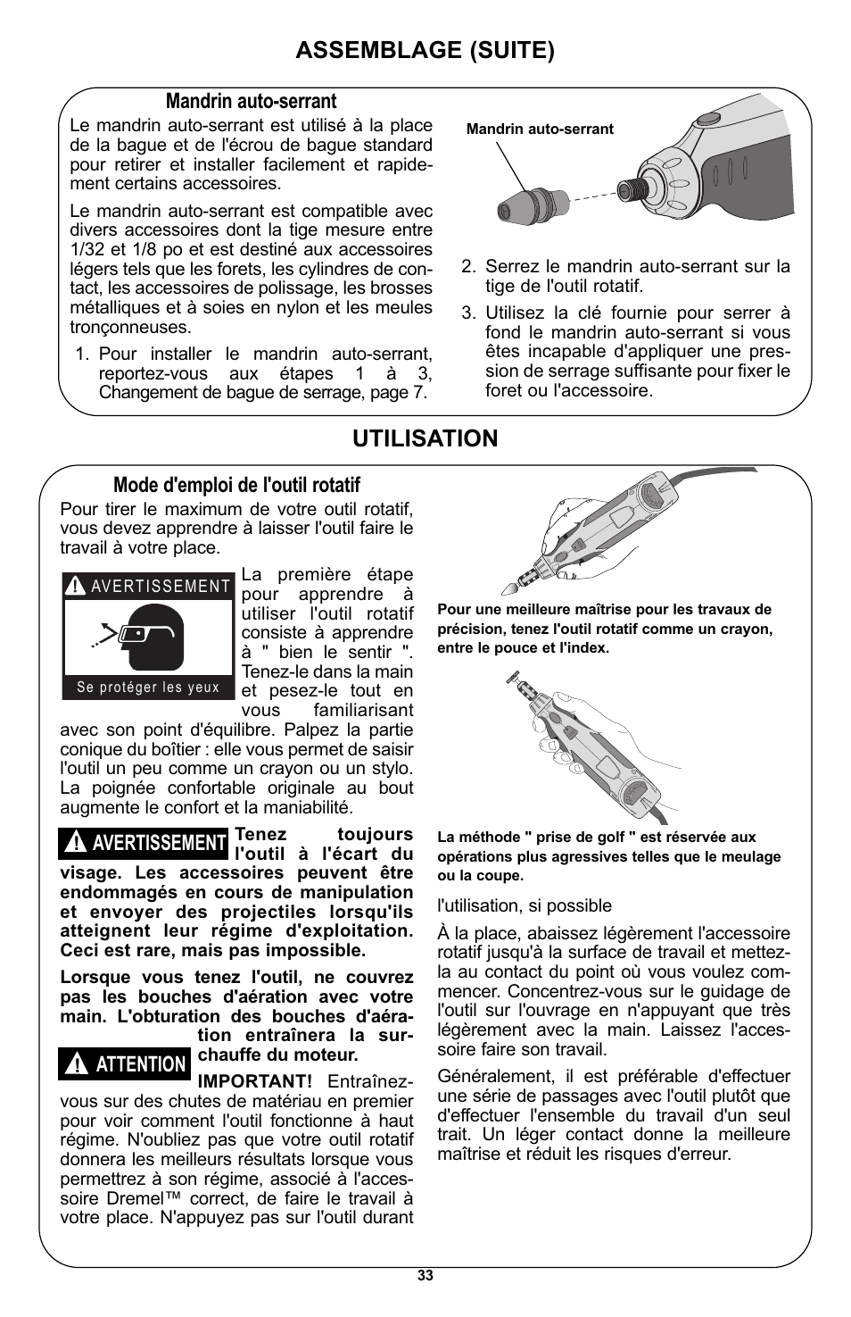 Utilisation assemblage (suite), Mode d'emploi de l'outil rotatif, Mandrin auto-serrant | Attention, Avertissement | Bosch 400 Series XPR User Manual | Page 33 / 72