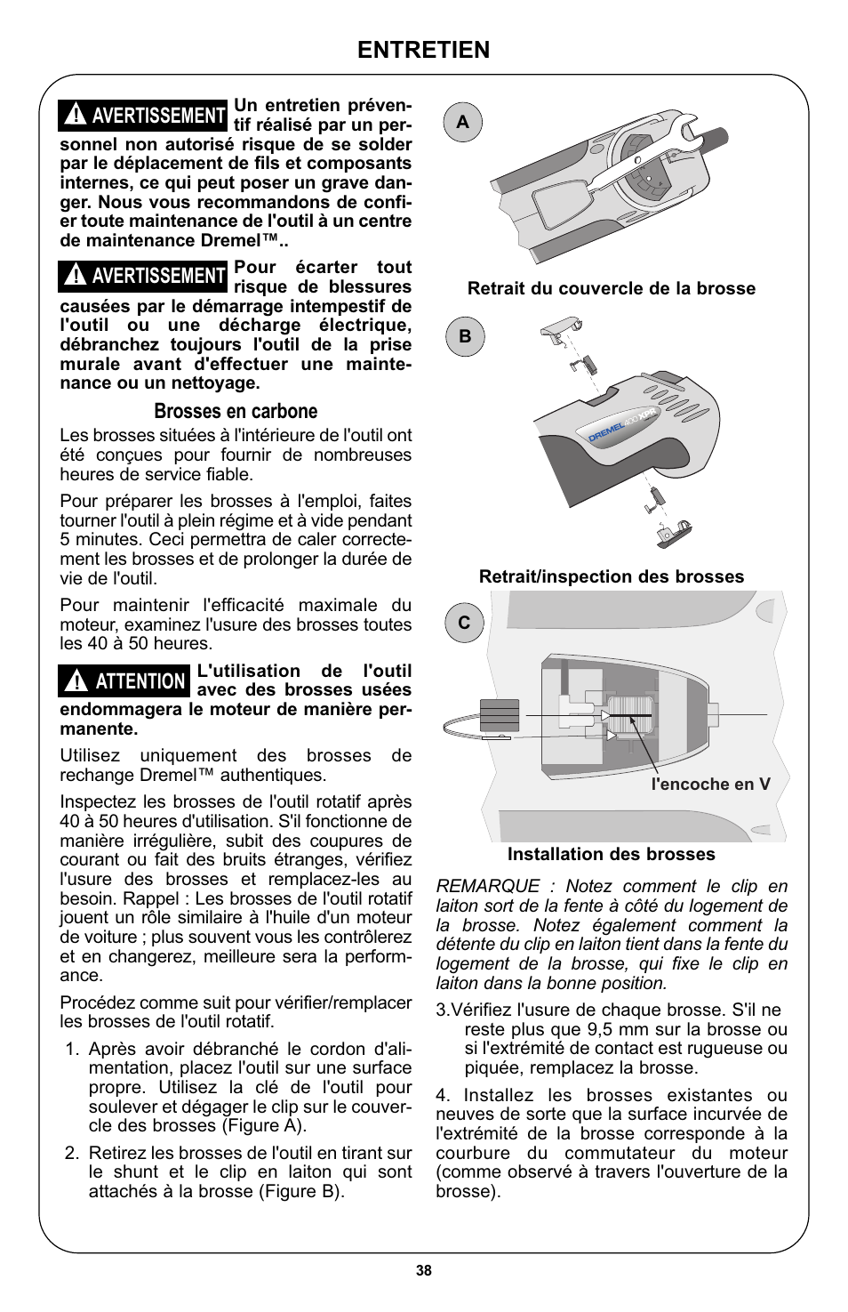 Entretien, Brosses en carbone, Avertissement | Attention | Bosch 400 Series XPR User Manual | Page 38 / 72