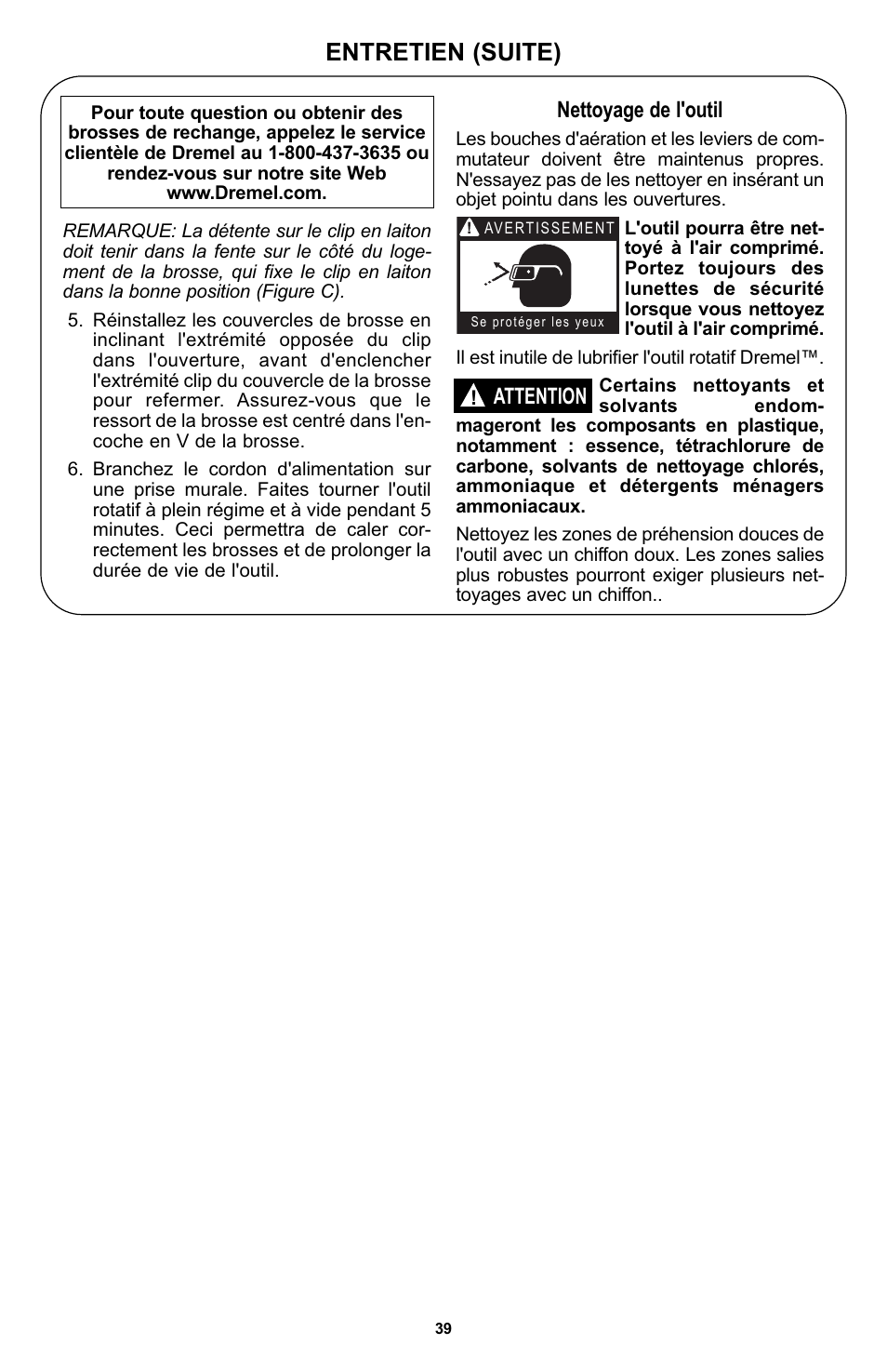 Entretien (suite), Nettoyage de l'outil, Attention | Bosch 400 Series XPR User Manual | Page 39 / 72