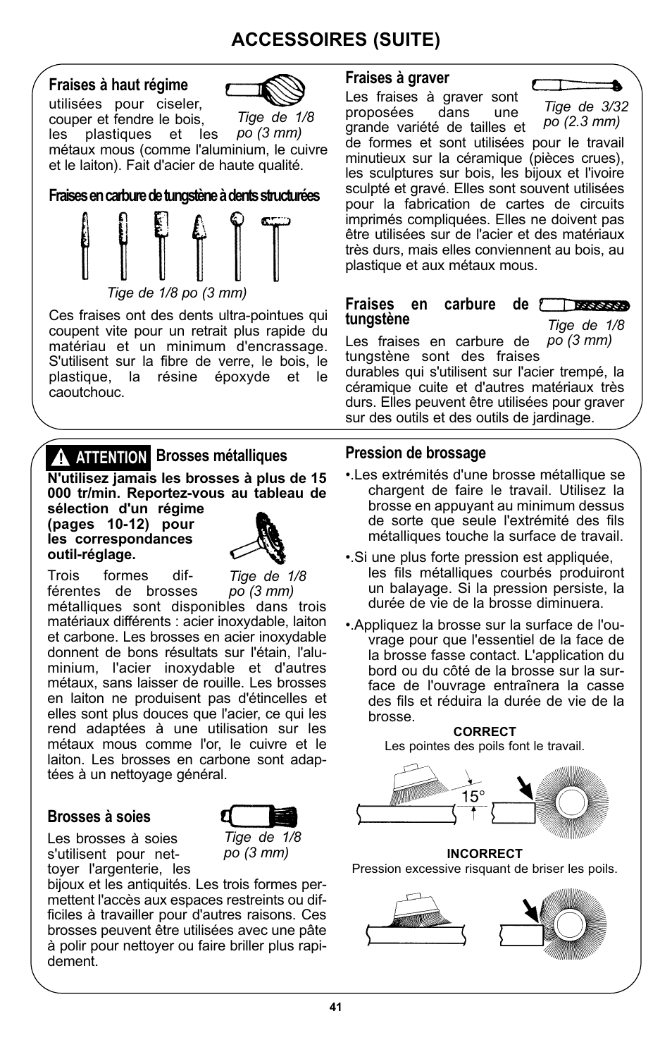 Accessoires (suite), Brosses métalliques, Fraises en carbure de tungstène | Fraises à haut régime, Fraises à graver, Brosses à soies, Pression de brossage, Attention | Bosch 400 Series XPR User Manual | Page 41 / 72