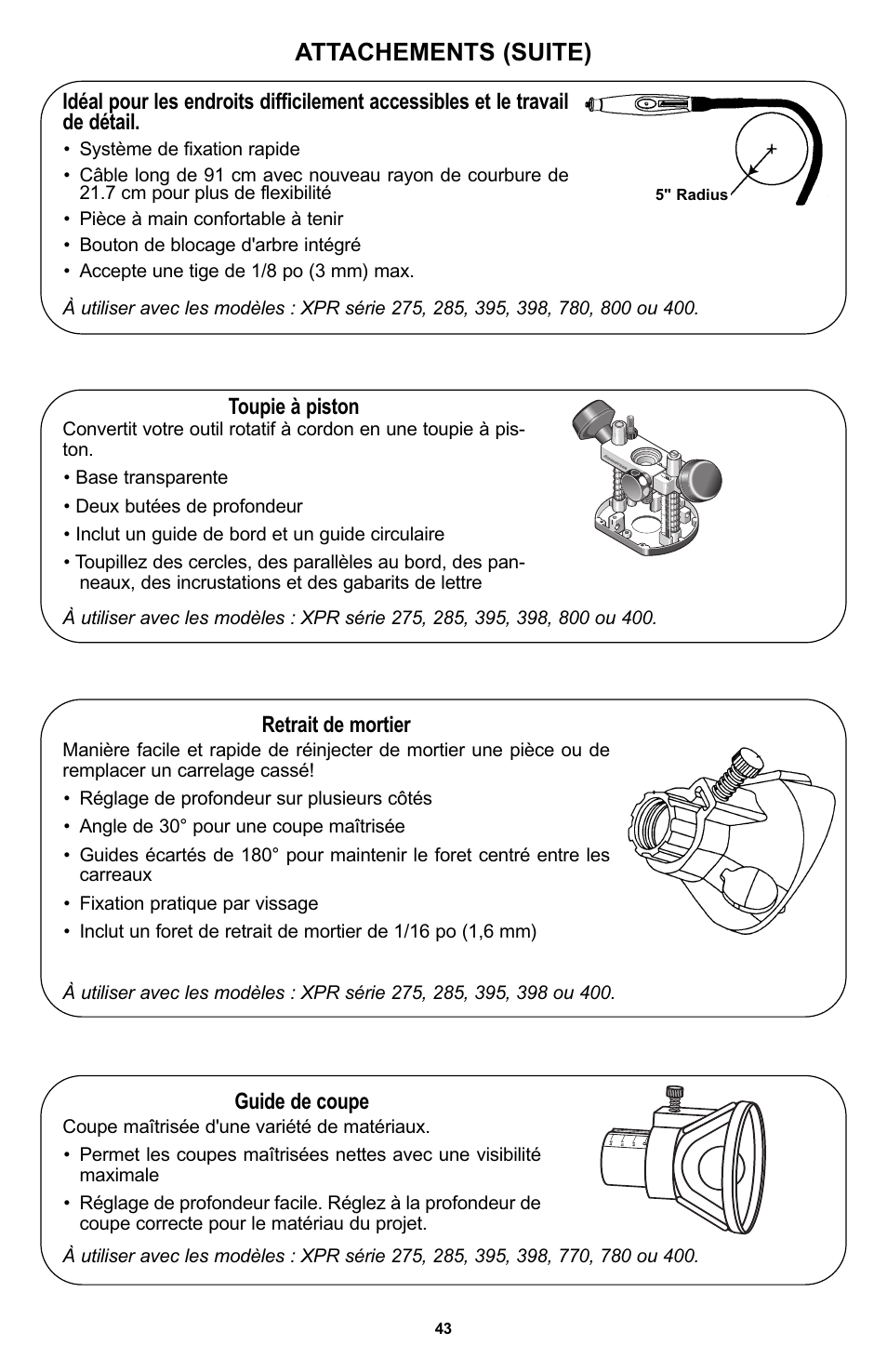 Attachements (suite), Toupie à piston, Retrait de mortier | Guide de coupe | Bosch 400 Series XPR User Manual | Page 43 / 72