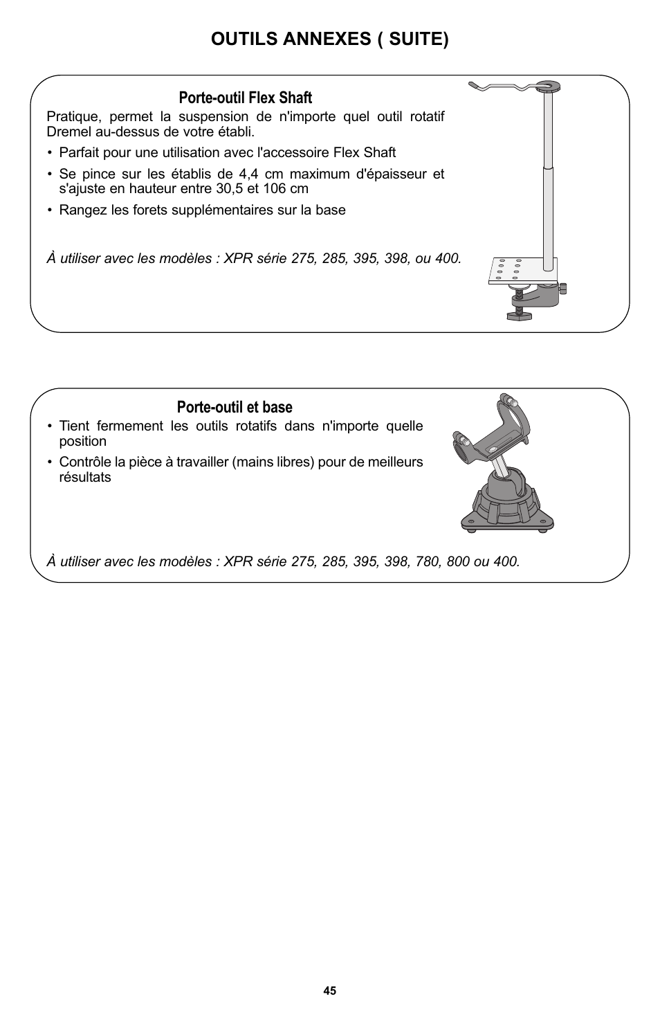 Outils annexes ( suite), Porte-outil et base, Porte-outil flex shaft | Bosch 400 Series XPR User Manual | Page 45 / 72