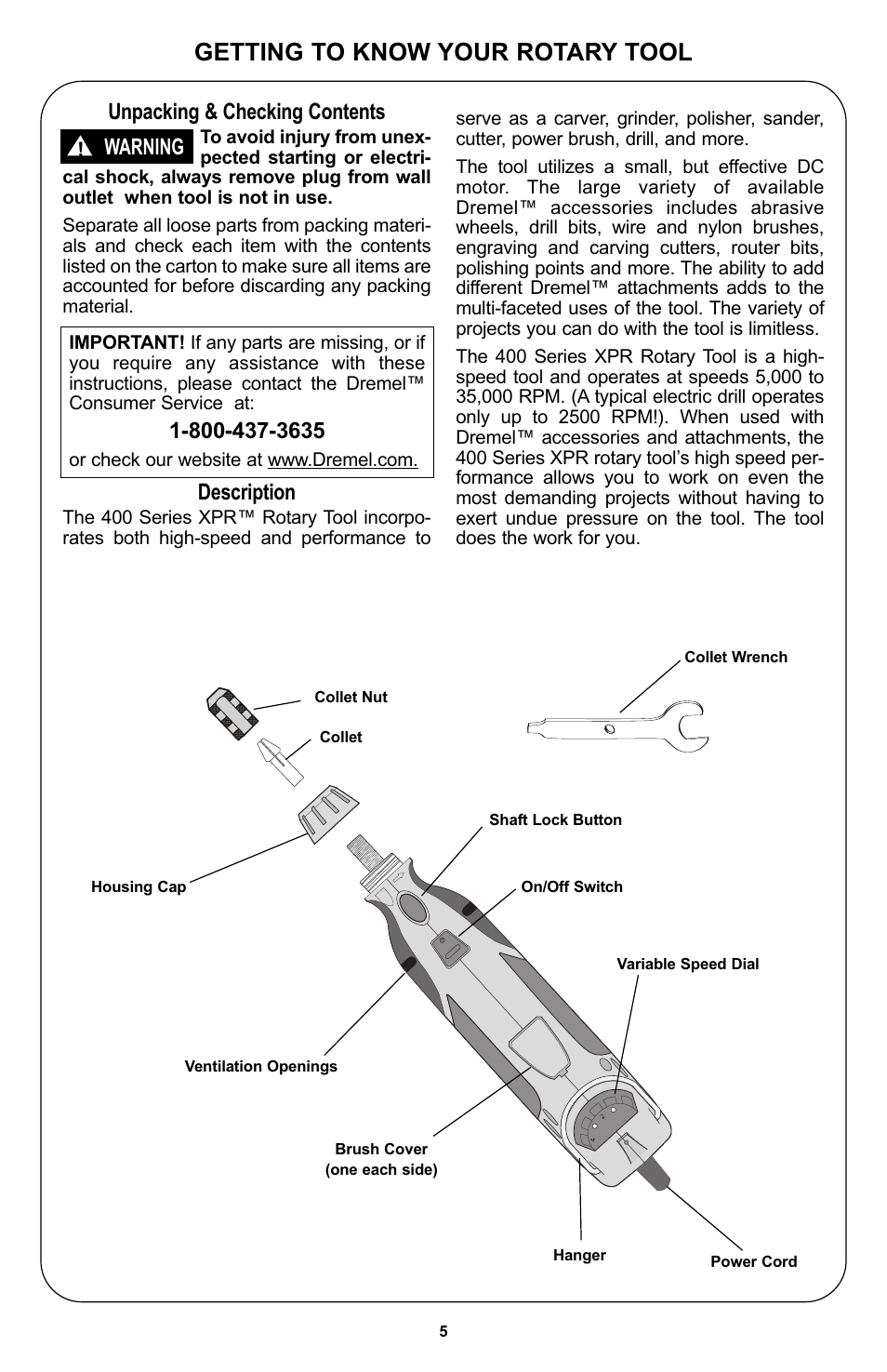 Getting to know your rotary tool, Unpacking & checking contents, Description | Warning | Bosch 400 Series XPR User Manual | Page 5 / 72