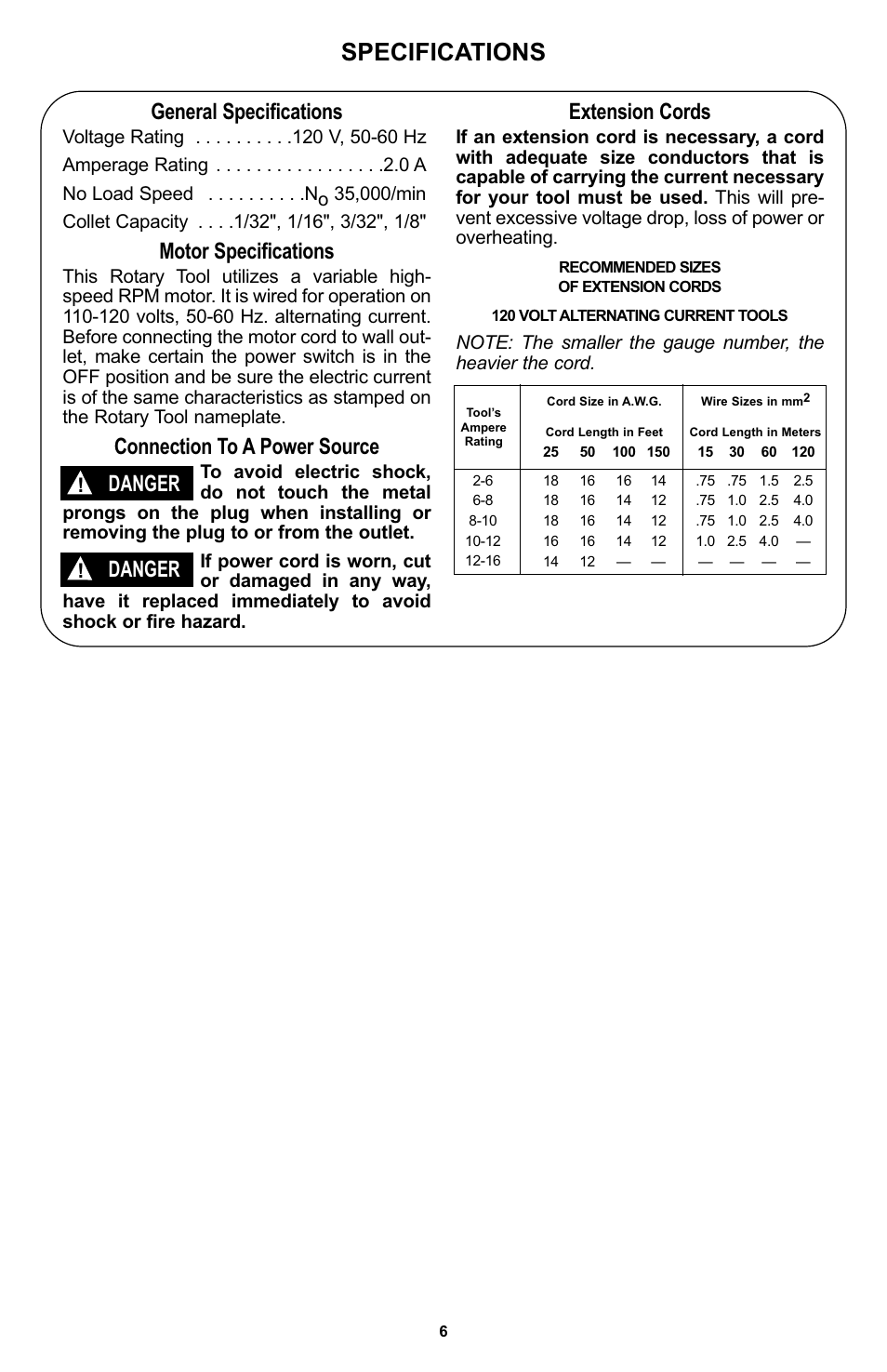 Specifications, General specifications, Motor specifications | Connection to a power source, Danger, Extension cords | Bosch 400 Series XPR User Manual | Page 6 / 72
