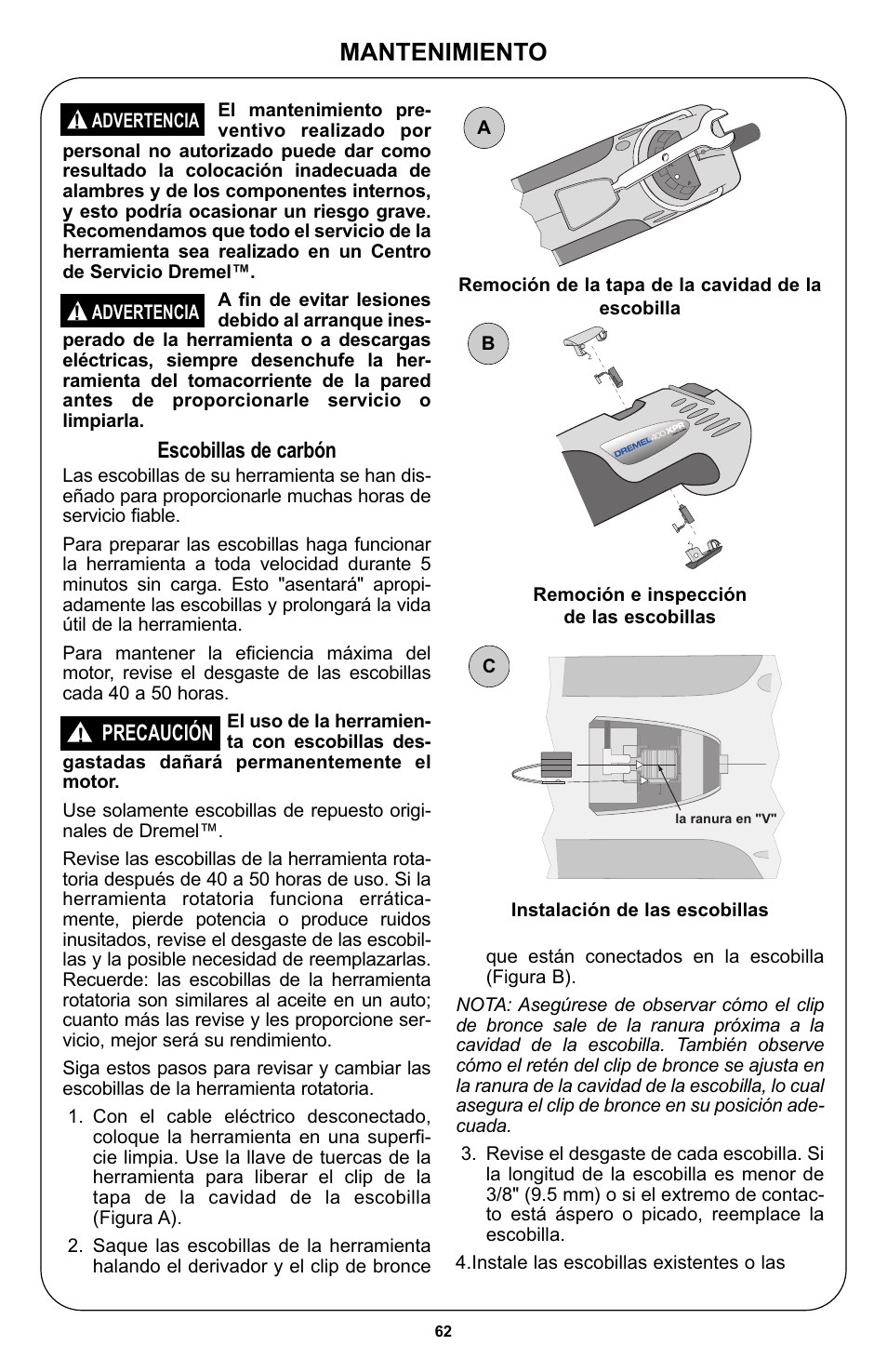 Mantenimiento, Escobillas de carbón, Precaución | Bosch 400 Series XPR User Manual | Page 62 / 72