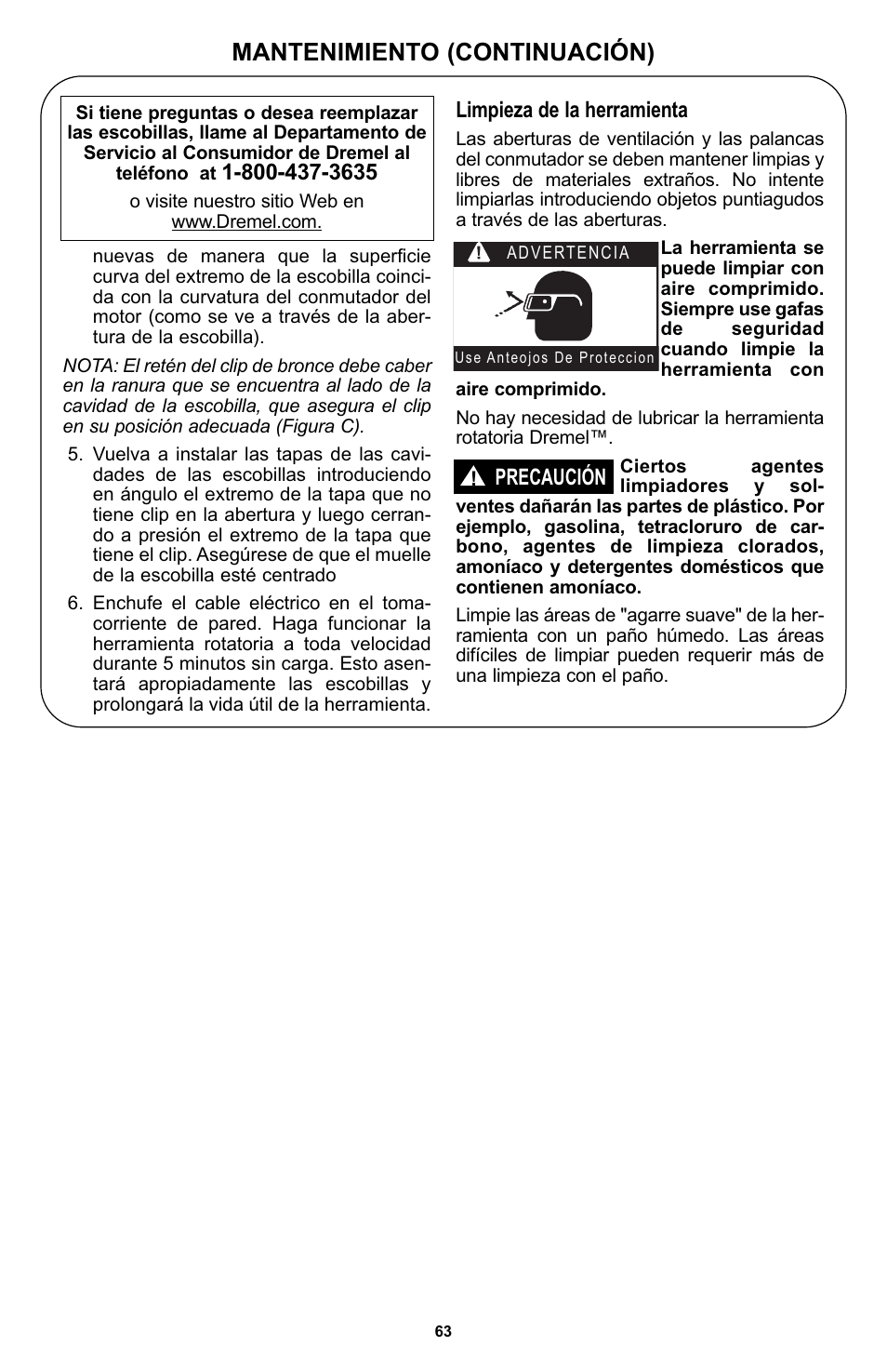 Mantenimiento (continuación), Limpieza de la herramienta, Precaución | Bosch 400 Series XPR User Manual | Page 63 / 72
