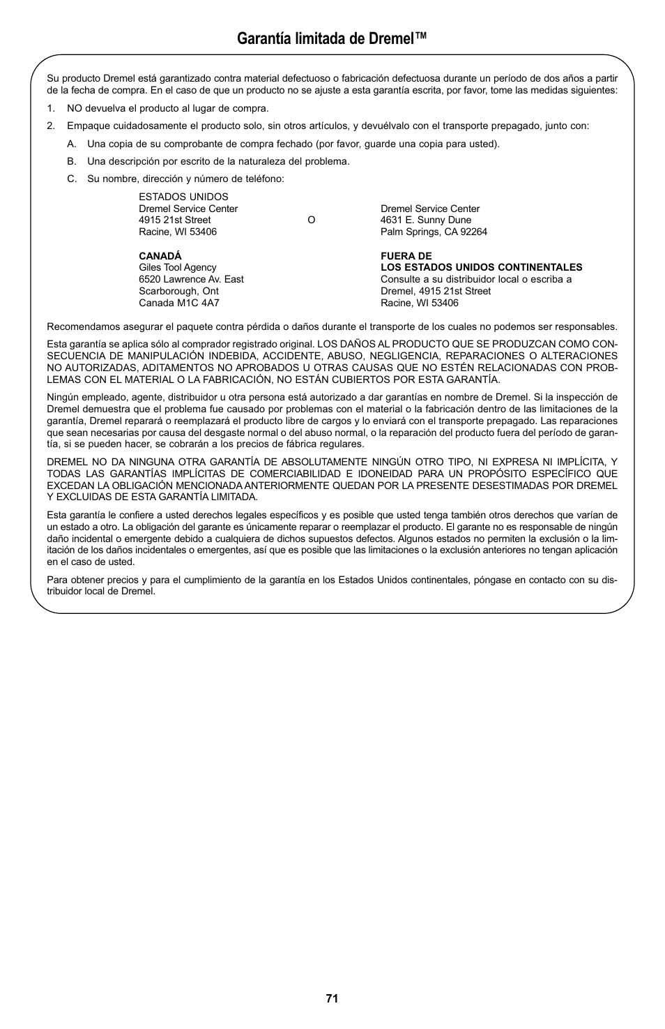 Garantía limitada de dremel | Bosch 400 Series XPR User Manual | Page 71 / 72