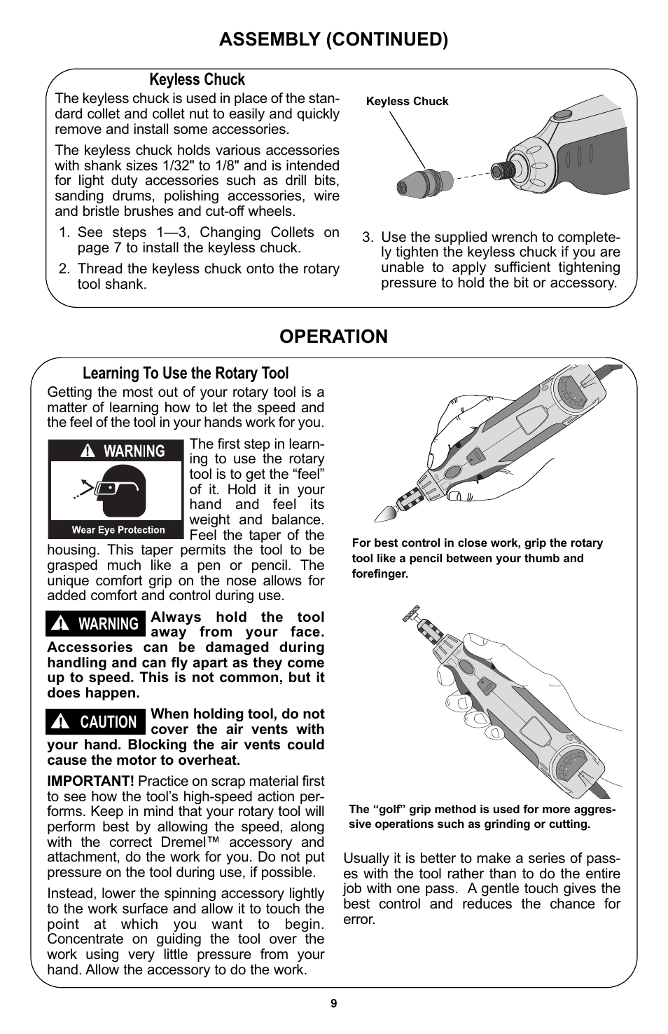 Operation assembly (continued), Learning to use the rotary tool, Warning | Caution, Keyless chuck | Bosch 400 Series XPR User Manual | Page 9 / 72