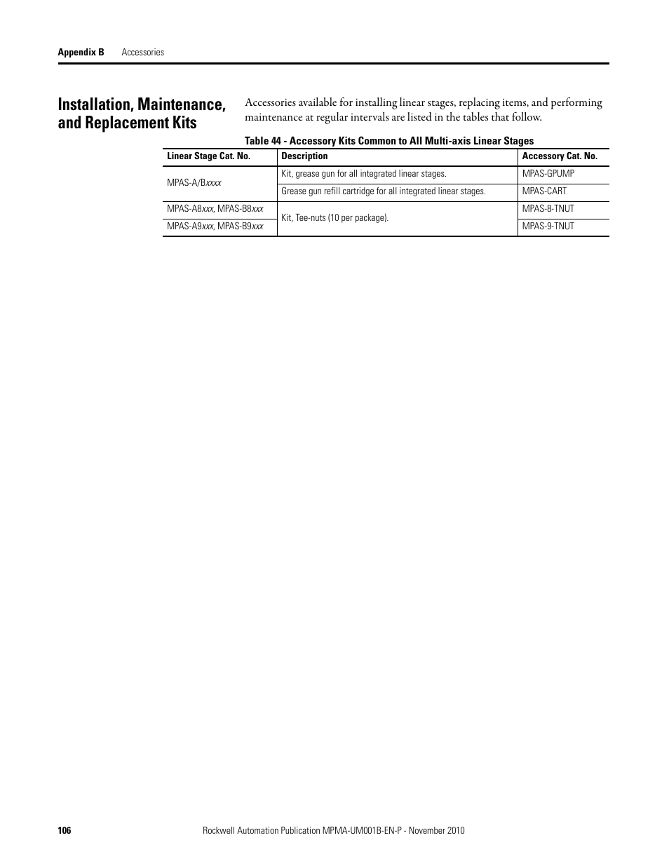 Installation, maintenance, and replacement kits | Rockwell Automation MPMA Integrated Multi-Axis Linear Stages User Manual | Page 106 / 136