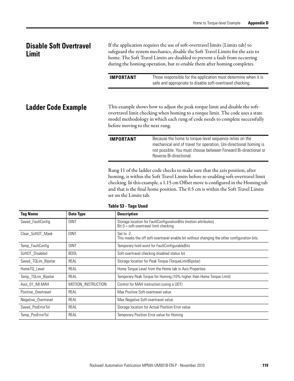 Disable soft overtravel limit, Ladder code example, Disable soft overtravel limit ladder code example | Rockwell Automation MPMA Integrated Multi-Axis Linear Stages User Manual | Page 119 / 136