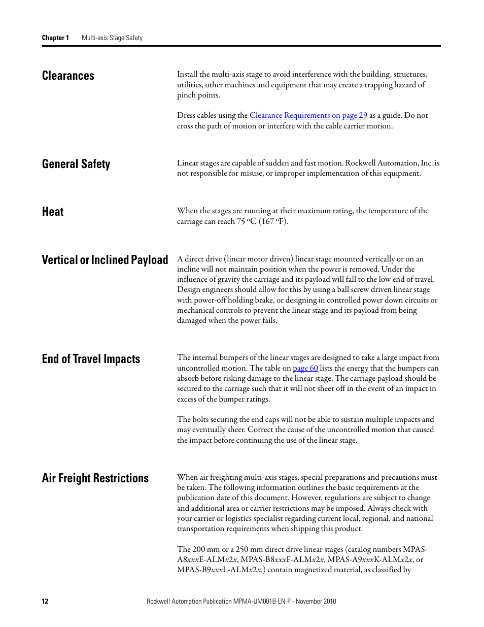 Clearances, General safety, Heat | Vertical or inclined payload, End of travel impacts, Air freight restrictions | Rockwell Automation MPMA Integrated Multi-Axis Linear Stages User Manual | Page 12 / 136