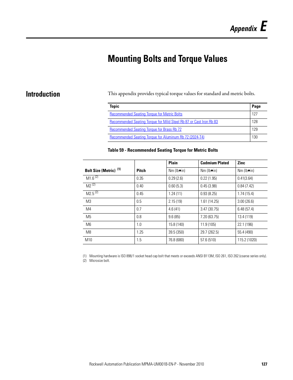 Appendix e: mounting bolts and torque values, Introduction, Mounting bolts and torque | Values, Mounting bolts and torque values, Appendix | Rockwell Automation MPMA Integrated Multi-Axis Linear Stages User Manual | Page 127 / 136