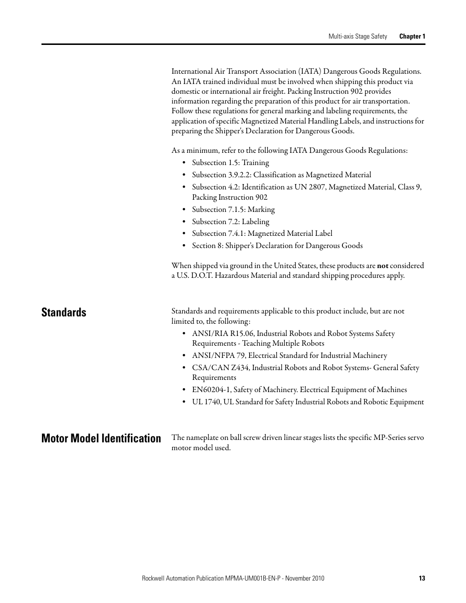 Standards, Motor model identification, Standards motor model identification | Rockwell Automation MPMA Integrated Multi-Axis Linear Stages User Manual | Page 13 / 136