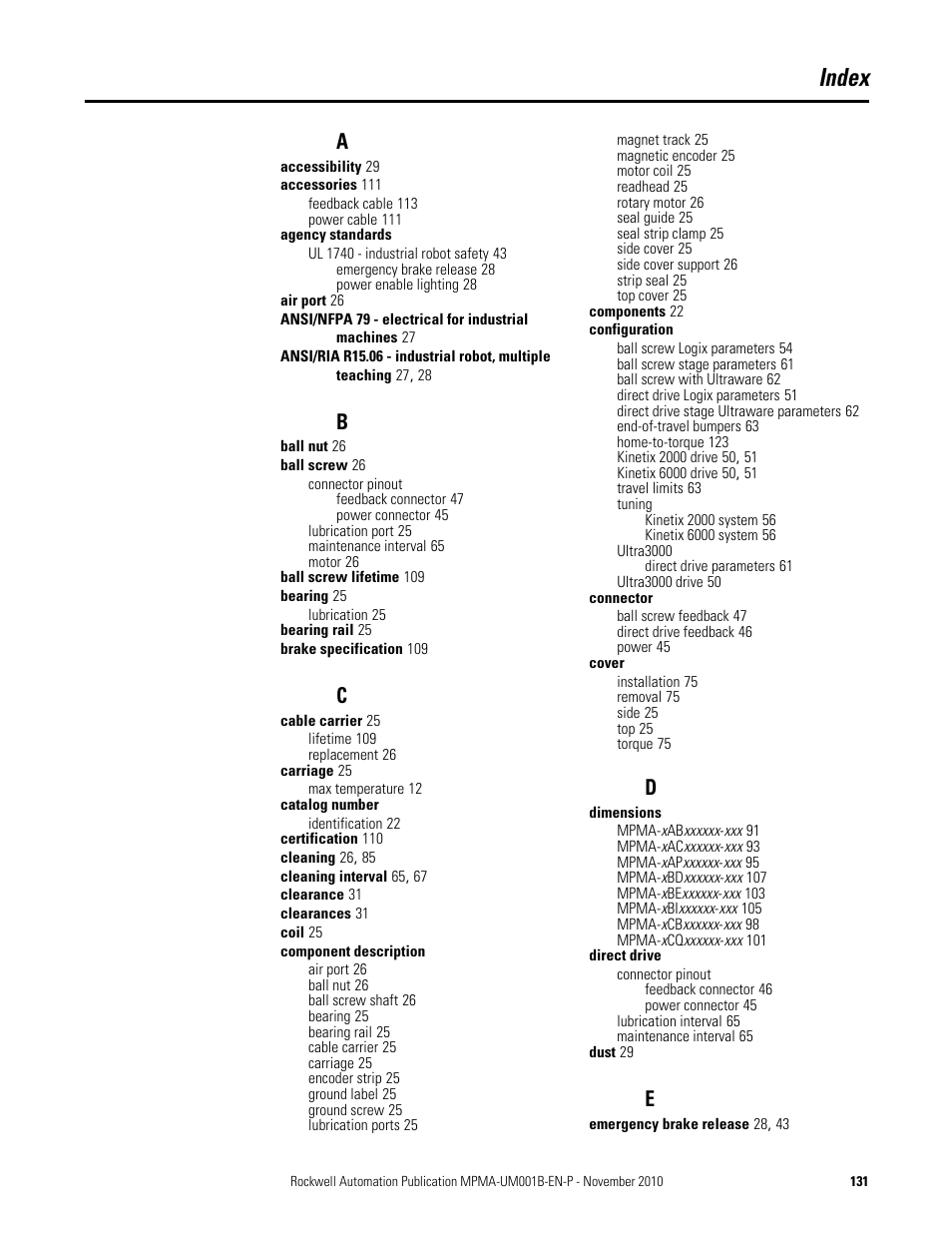 Index | Rockwell Automation MPMA Integrated Multi-Axis Linear Stages User Manual | Page 131 / 136
