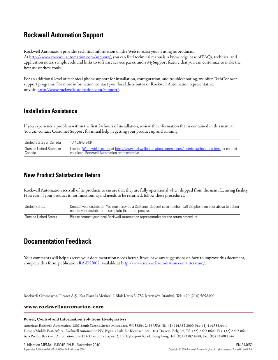 Back cover/rockwell support, Rockwell automation support, Documentation feedback | Installation assistance, New product satisfaction return | Rockwell Automation MPMA Integrated Multi-Axis Linear Stages User Manual | Page 136 / 136