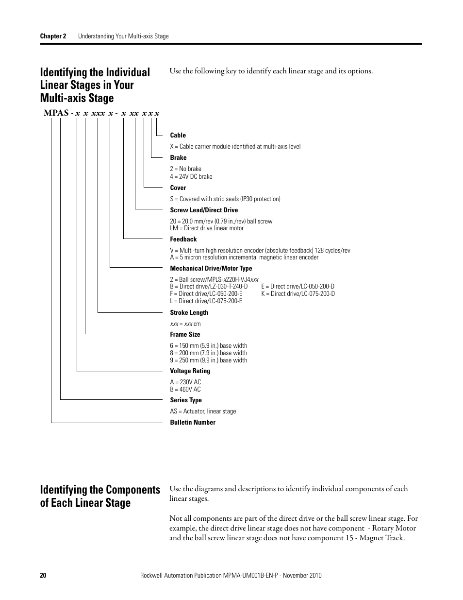 Identifying the components of each linear stage | Rockwell Automation MPMA Integrated Multi-Axis Linear Stages User Manual | Page 20 / 136