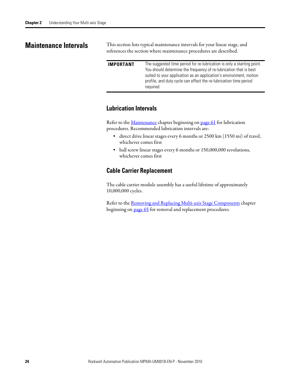 Maintenance intervals, Lubrication intervals, Cable carrier replacement | Lubrication intervals cable carrier replacement | Rockwell Automation MPMA Integrated Multi-Axis Linear Stages User Manual | Page 24 / 136