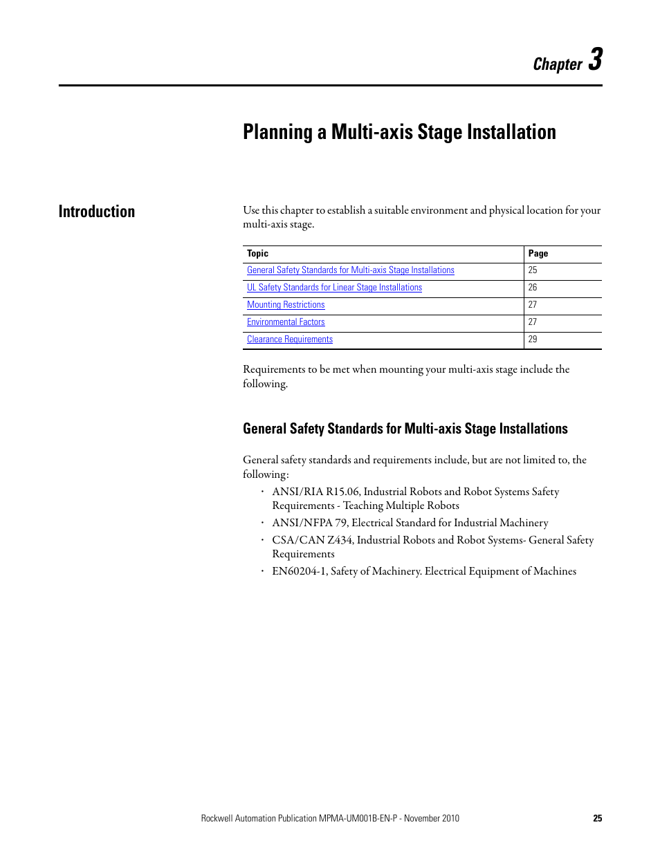 Introduction, Planning a multi-axis stage, Installation | Planning a multi-axis stage installation, Chapter | Rockwell Automation MPMA Integrated Multi-Axis Linear Stages User Manual | Page 25 / 136