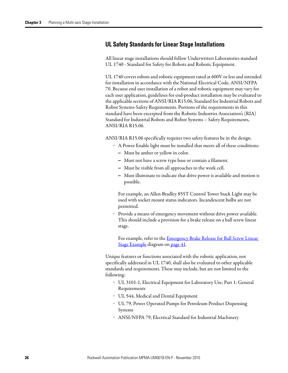 Ul safety standards for linear stage installations | Rockwell Automation MPMA Integrated Multi-Axis Linear Stages User Manual | Page 26 / 136