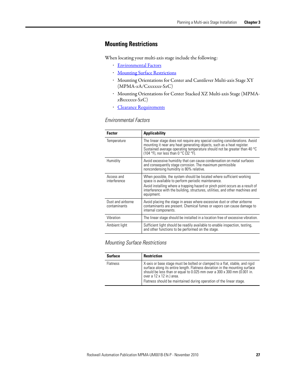 Mounting restrictions | Rockwell Automation MPMA Integrated Multi-Axis Linear Stages User Manual | Page 27 / 136