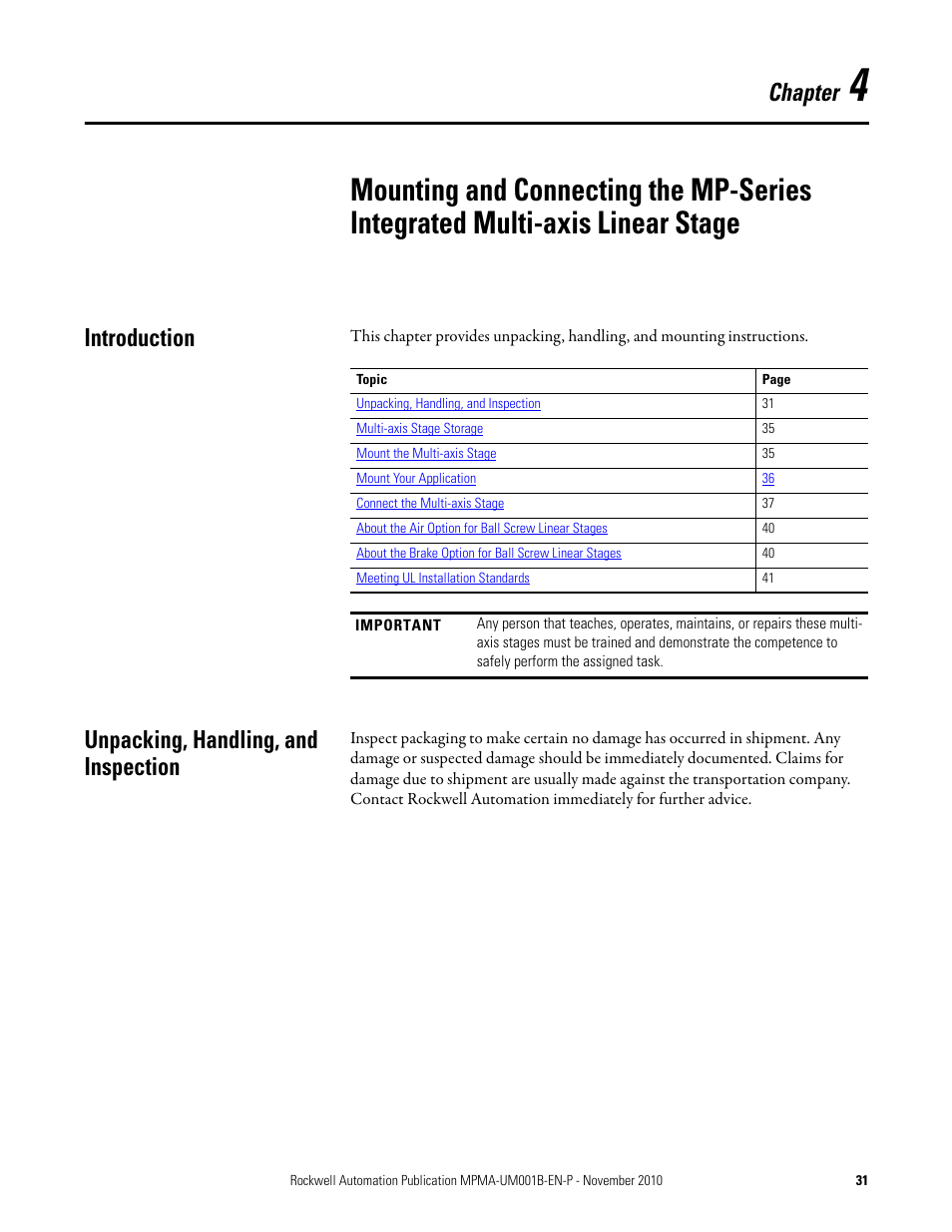 Introduction, Unpacking, handling, and inspection, Mounting and connecting the | Mp-series integrated, Multi-axis linear stage, Introduction unpacking, handling, and inspection, Chapter | Rockwell Automation MPMA Integrated Multi-Axis Linear Stages User Manual | Page 31 / 136