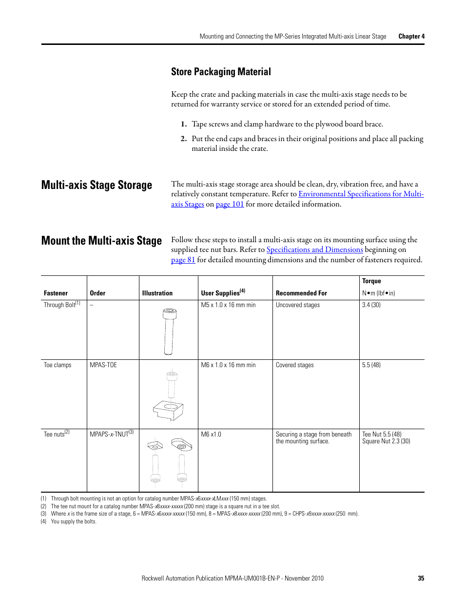 Store packaging material, Multi-axis stage storage, Mount the multi-axis stage | Rockwell Automation MPMA Integrated Multi-Axis Linear Stages User Manual | Page 35 / 136