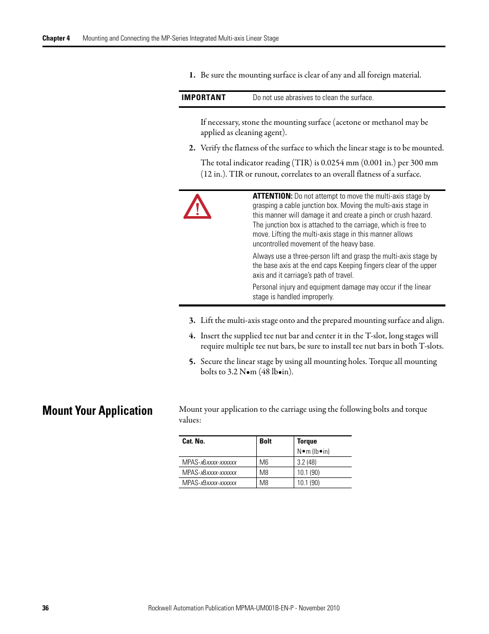 Mount your application | Rockwell Automation MPMA Integrated Multi-Axis Linear Stages User Manual | Page 36 / 136